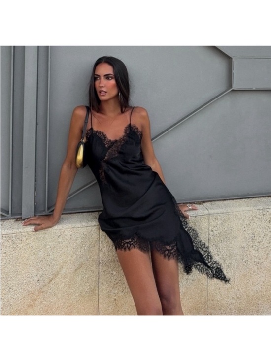 Zara Dresses & Skirts - Zara Black Lace-Trim Asymmetrical Slip Dress